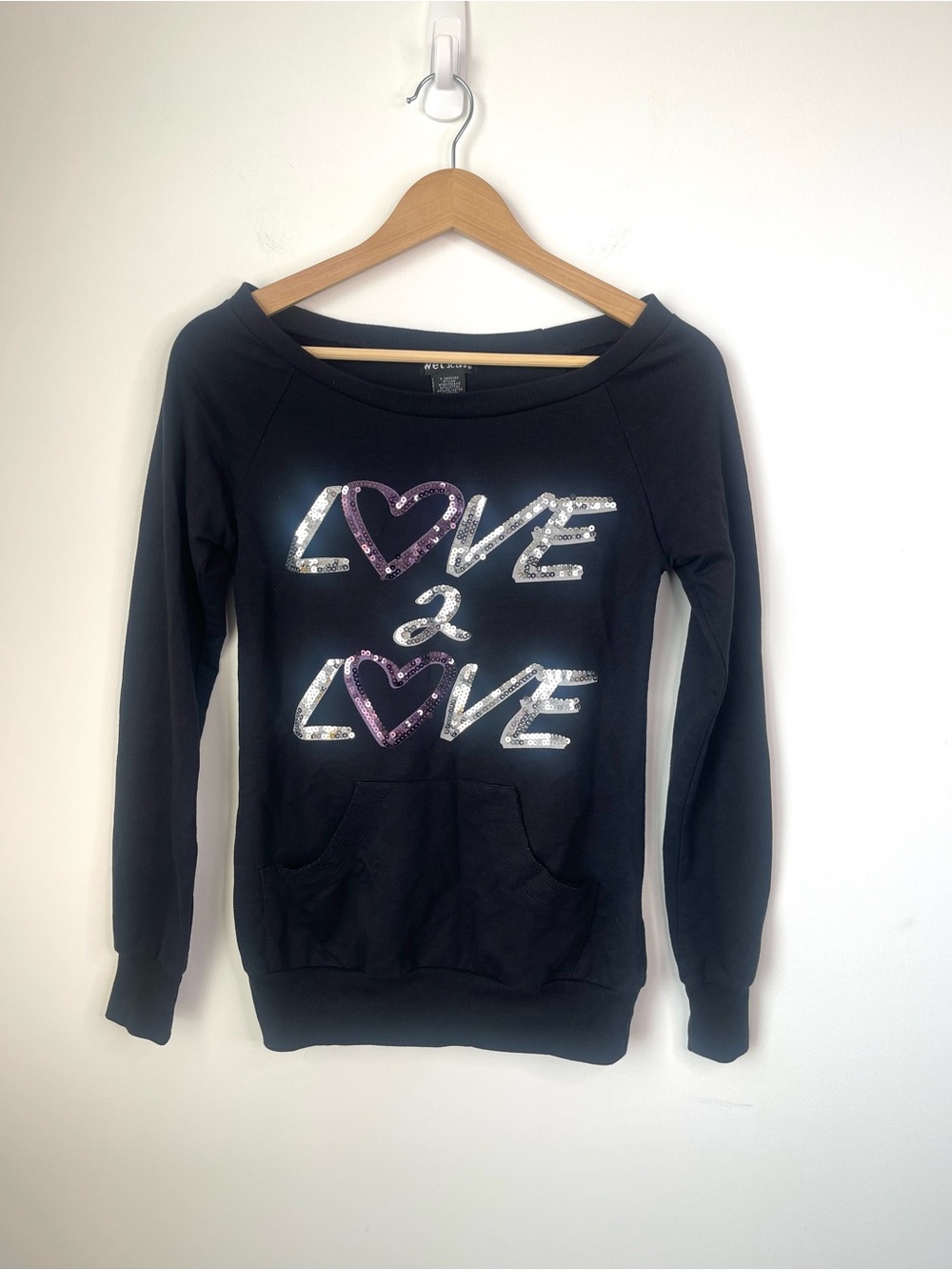 Wet Seal Black Women's Sequin LOVE 2 LOVE Sweatshirt size XS